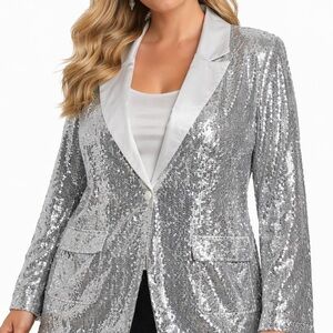 Boohoo Womens Sequined Jacket Size 18 Silver Evening Party Concert Clubwear Rave